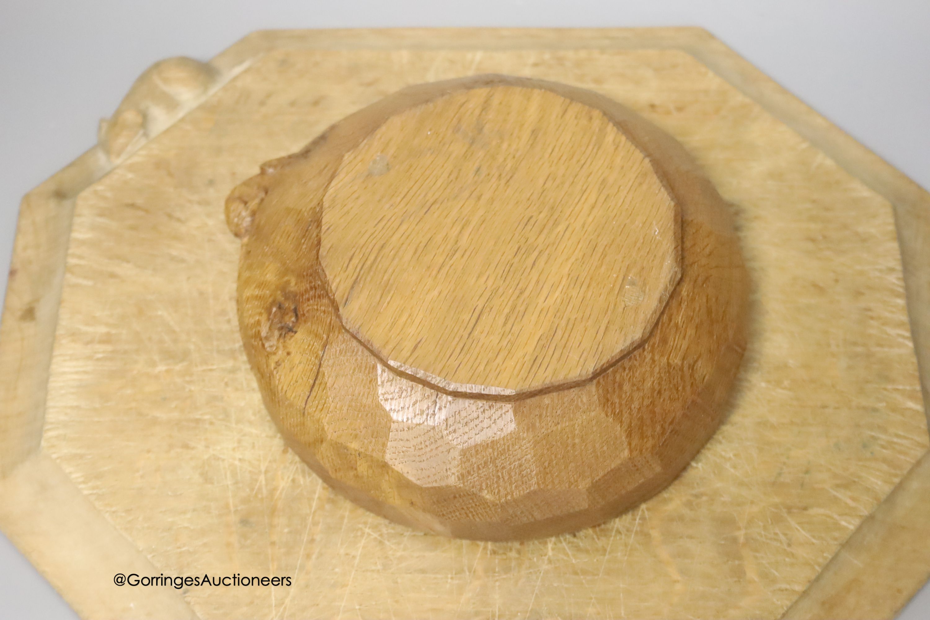 A Mouseman octagonal cheese board, 30cm, and a small Mouseman bowl, 15cm